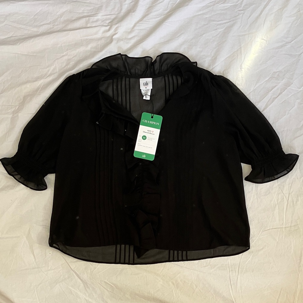 NWT CAbi Cherish Blouse #4539: Black Sheer Blouse with Ruffle Details